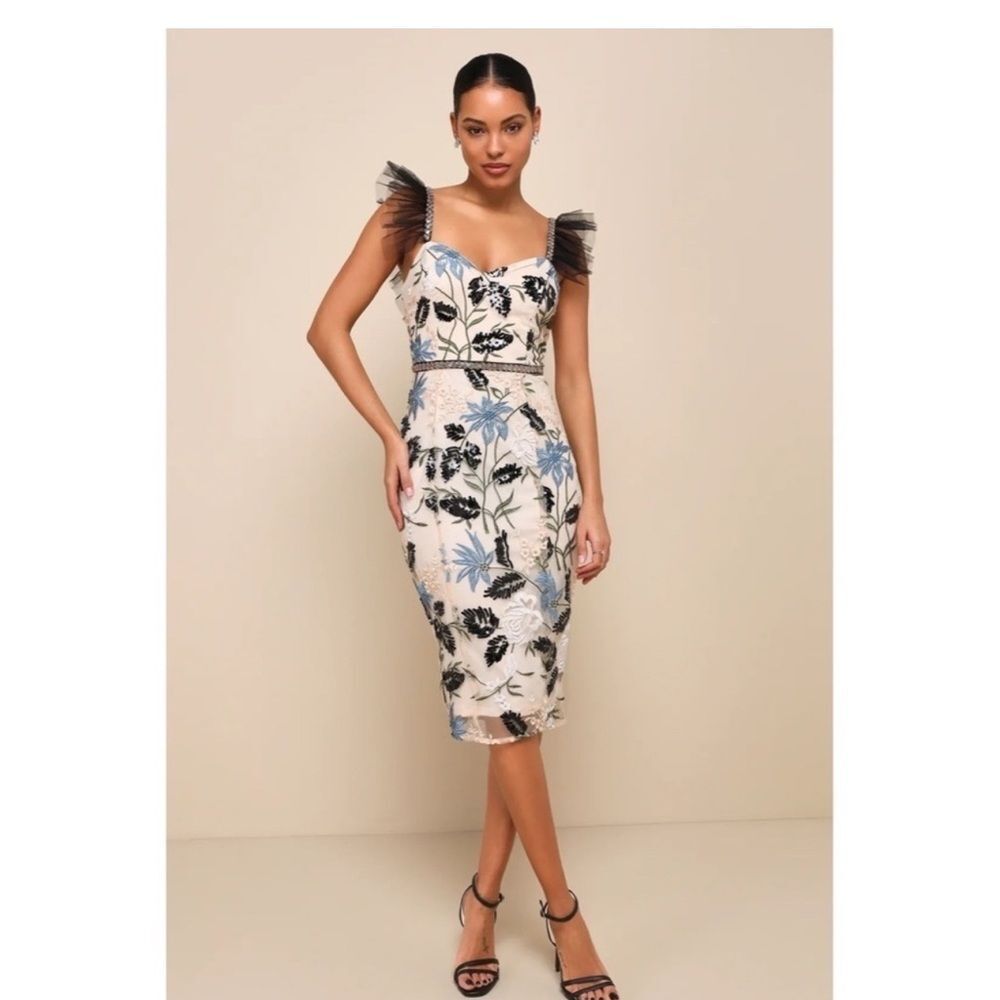 Lulu's Cream Floral Midi Dress with Blue & Black Accents